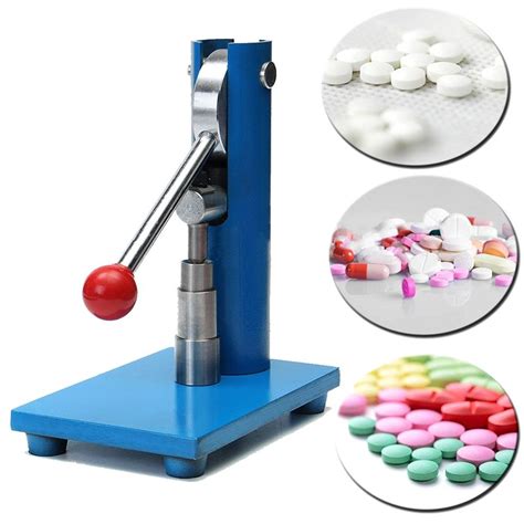 Handheld pill press with stamps and labels. . Handheld pill press with stamps